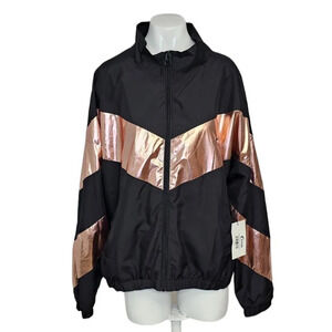 ZYIA Women's Colour Block Shine Jacket Size XL Rose Gold Black  Windbreaker NWT